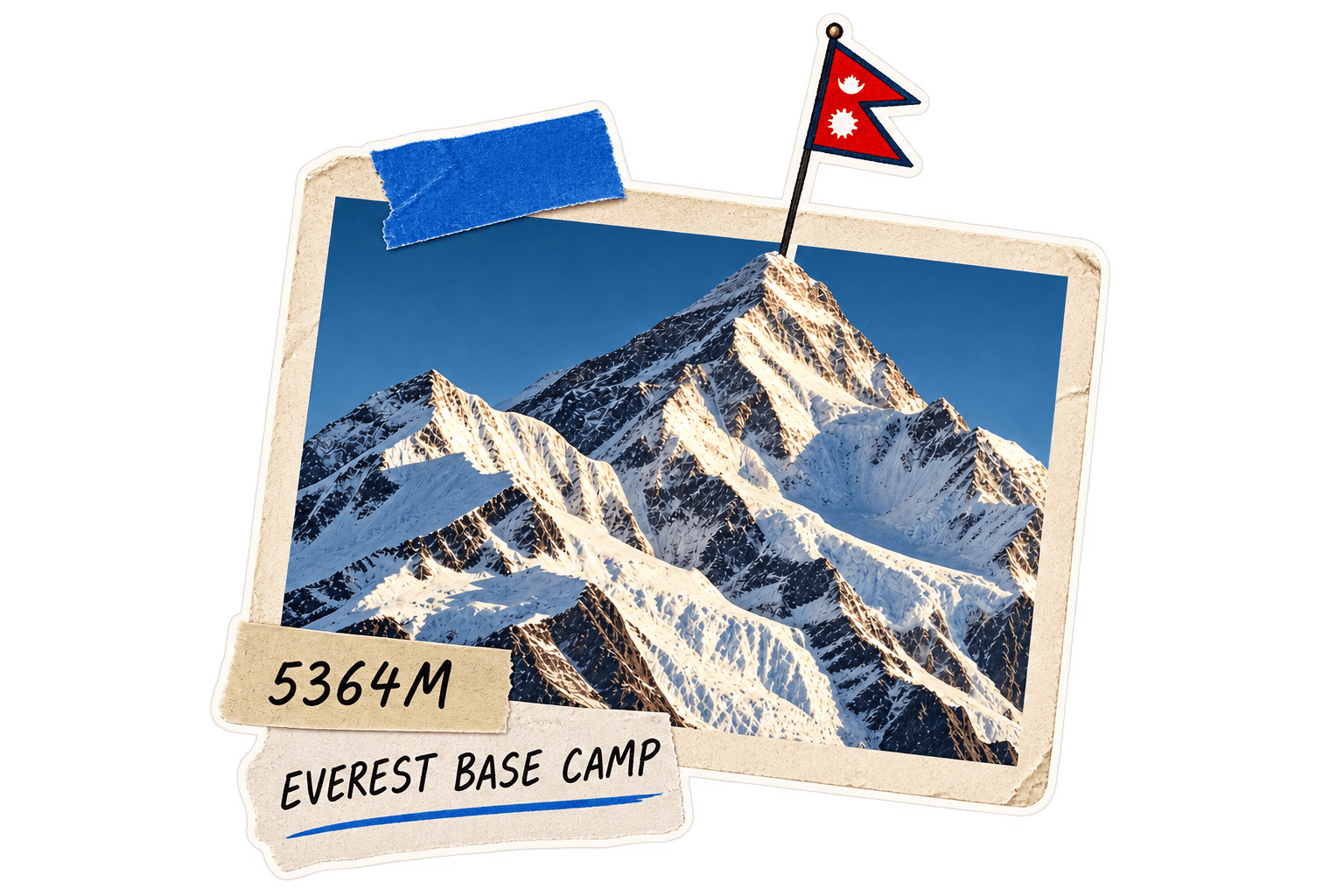 Polaroid of Everest labelled Everest Base Camp, 5364M