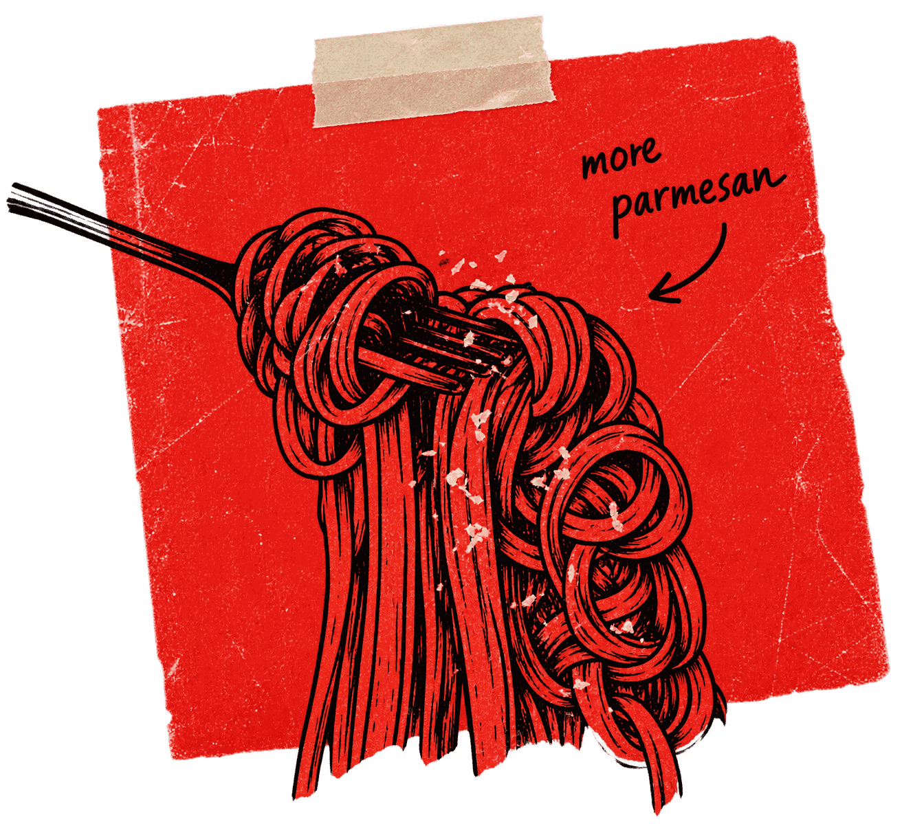 Ink drawing of a forkful of spaghetti on a red printed panel, annotated “more parmesan”