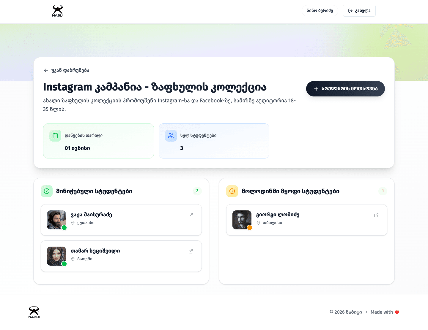 Nabiji business screen: a café's Instagram campaign brief with its start date, student count and the students assigned to it