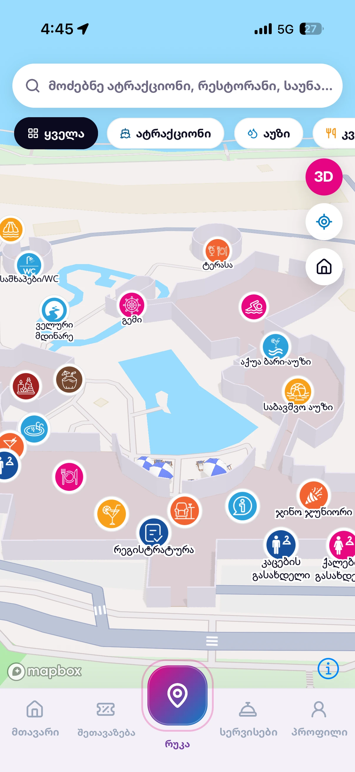 The real Gino app map, with search, category filters and attraction pins. Mapbox provides rendering and location; routing is custom.